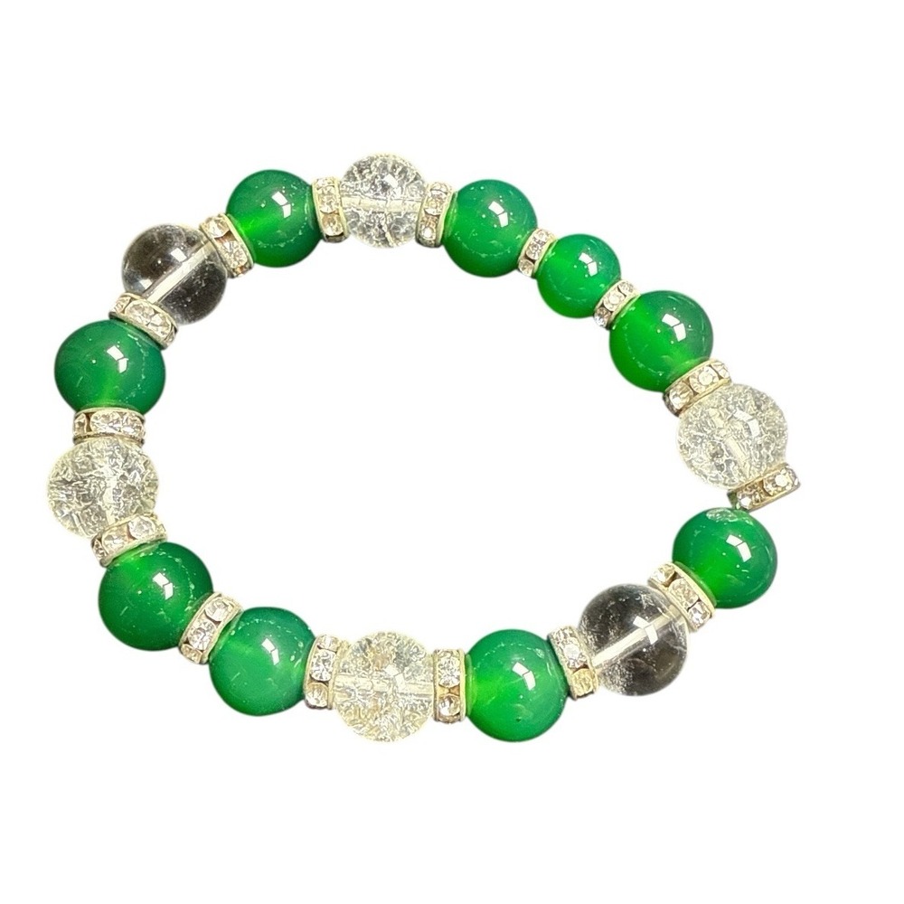Vintage‎ Green & Clear Bead Stretch Bracelet with Rhinestone Spacers Retro